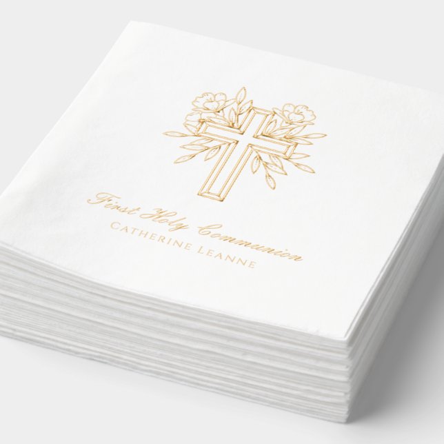 Custom Floral Cross First Holy Communion Napkin (Detail)