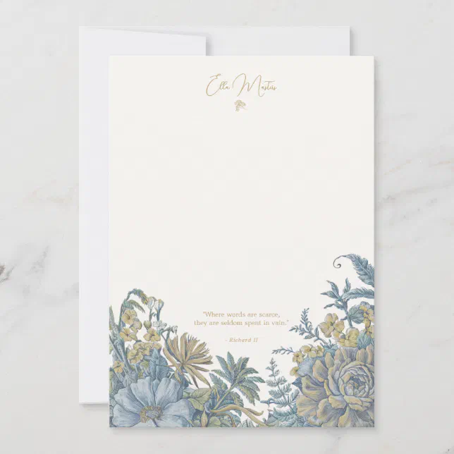 Custom Floral Elegant Script Quote Blue Note Card