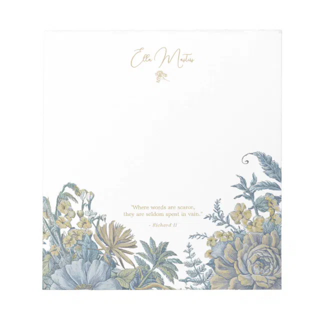 Custom Floral Elegant Script Quote Chic Blue  Notepad