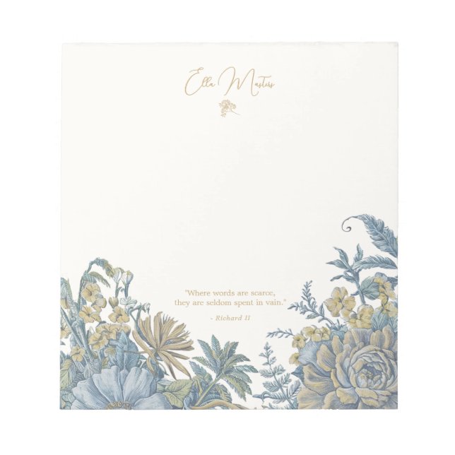 Custom Floral Elegant Script Quote Chic Blue Notepad (Front)
