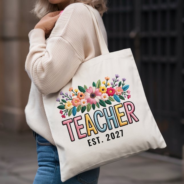 Custom Floral Embroidered Effect Tote for Teachers Bag (Personalized Wildflower Teacher Tote Bag — Custom Embroidered Effect Gift for Educators & Graduation)