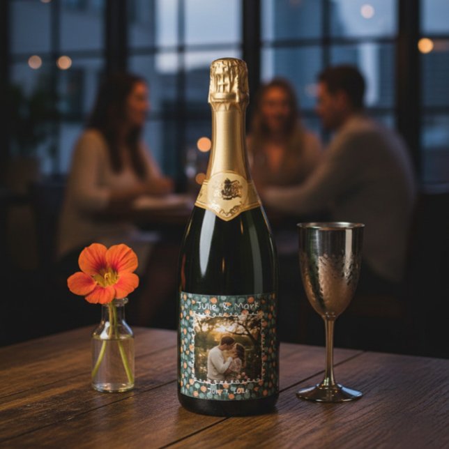 Custom Floral Engagement Photo Champagne  Sparkling Wine Label (Creator Uploaded)