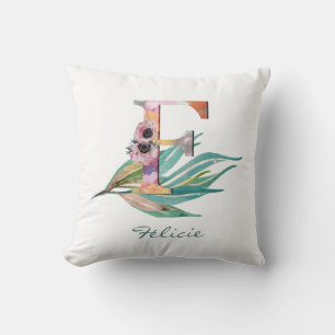 Custom Floral F Letter Watercolor Foliage Monogram Throw Pillow