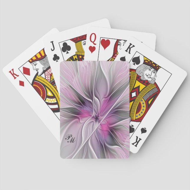 Custom Floral Fractal Modern Flower Pink Gray Poker Cards (Back)