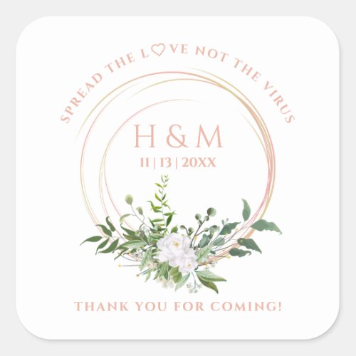 Custom Floral Garland White Pink Wedding Sanitizer Square Sticker