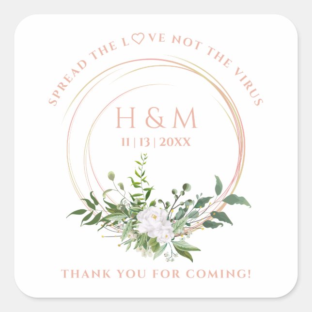 Custom Floral Garland White Pink Wedding Sanitizer Square Sticker (Front)