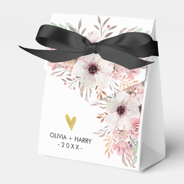 Custom Floral Gold Heart Wedding Favor Box | White (Front Side)