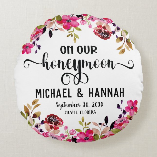 Custom Floral Honeymoon Keepsake Round Pillow (Front)
