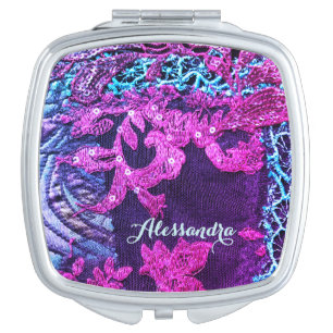 Custom Floral Hot Pink Lace Maximalist Elegant  Compact Mirror