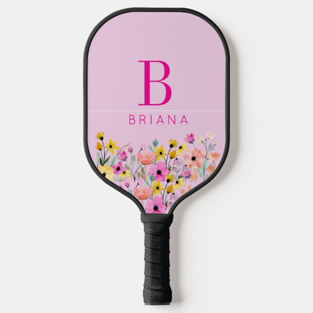 Custom Floral Initial and Name  Carbon Fiber Pickleball Paddle (Front)