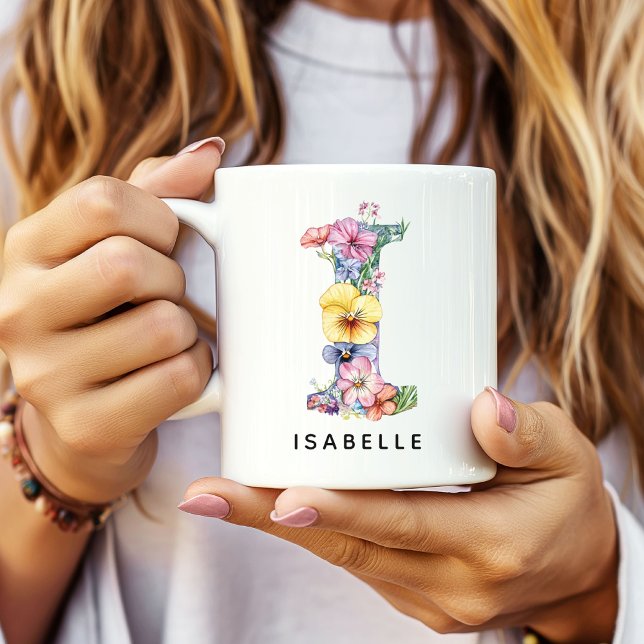 Custom Floral Initial Coffee Mug, Graduation Gift Mug (Custom Monogram Name Mug for Mom or Bridesmaids, Custom Floral Alphabet Mug for Teacher or Nurse)