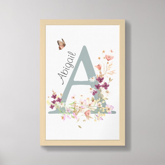 Custom Floral Initial Print Letter A Nursery Room (Framed Front)