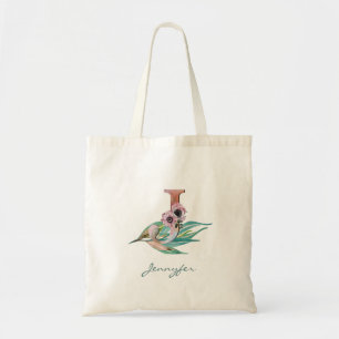 Custom Floral J Letter Watercolor Foliage Monogram Tote Bag