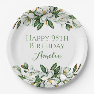 Custom Floral Magnolia Greenery BIrthday Party Paper Plates