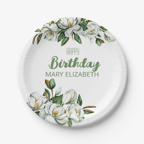 Custom Floral Magnolia Greenery BIrthday Party Paper Plates