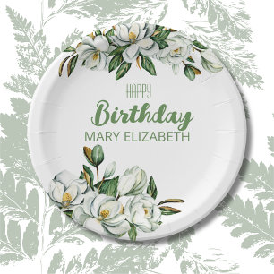 Custom Floral Magnolia Greenery BIrthday Party Paper Plates