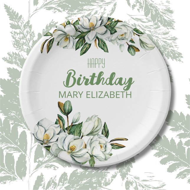 Custom Floral Magnolia Greenery BIrthday Party Paper Plates (Creator Uploaded)