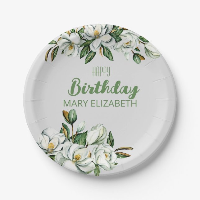Custom Floral Magnolia Greenery BIrthday Party Paper Plates (Front)