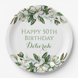 Custom Floral Magnolia Greenery BIrthday Party Paper Plates