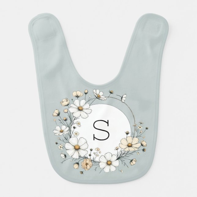 Custom Floral Monogram Baby Bib Boho Sage Green (Front)