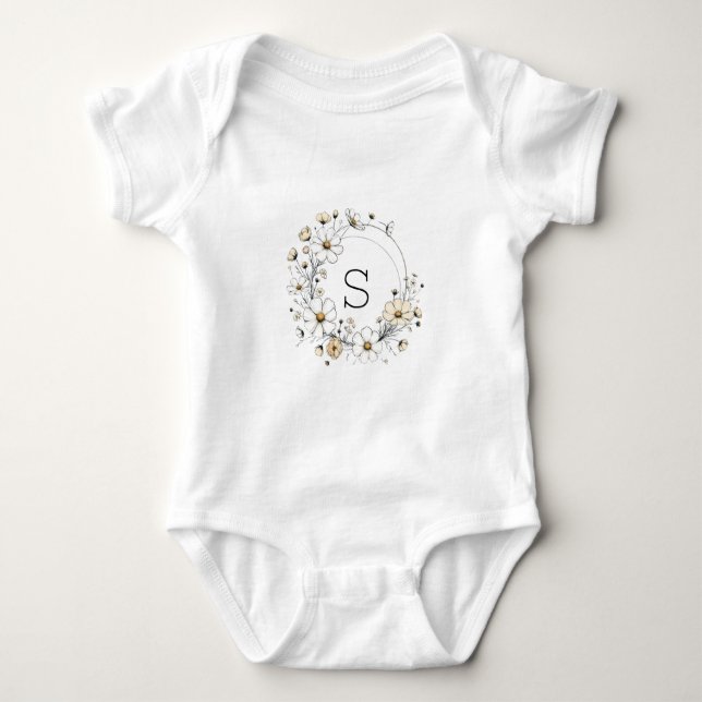 Custom Floral Monogram Baby Girl Boho Sage Green Baby Bodysuit (Front)