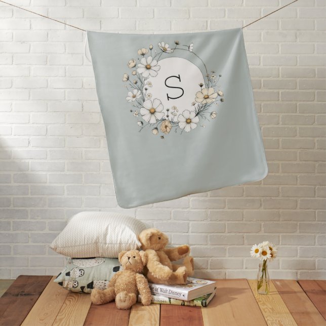 Custom Floral Monogram Baby Girl Boho Sage Green Blanket (In Situ)