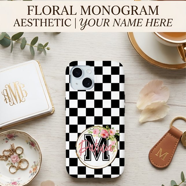 Custom Floral Monogram Black & White Checkered Case-Mate iPhone Case (Creator Uploaded)
