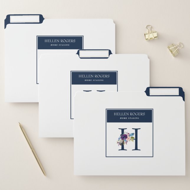 Custom Floral Monogram Blue Frame File Folder (Set)