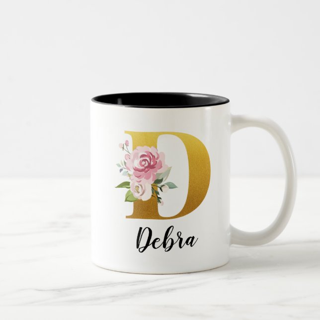 Custom Floral Monogram Initial Name Two-Tone Coffee Mug (Right)
