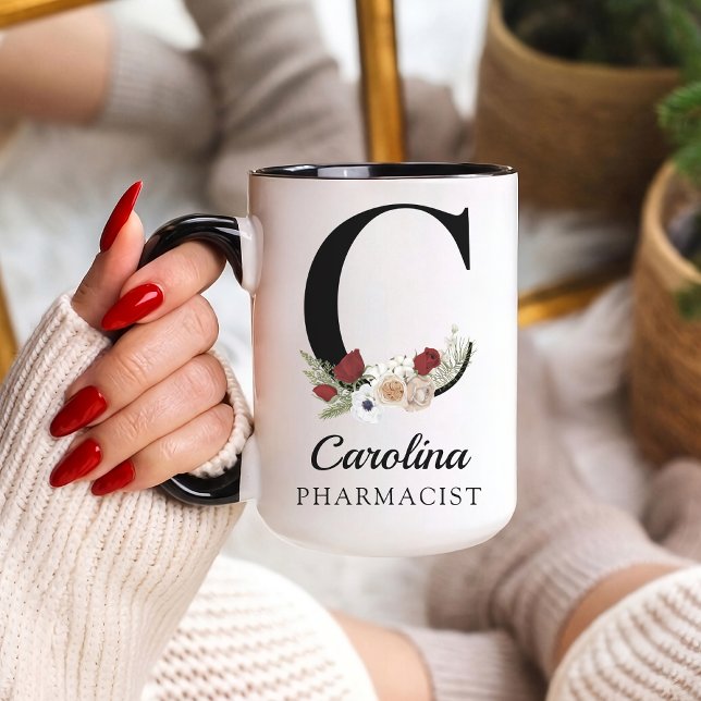 Custom Floral Monogram Mug Gift for RN Pharmacist  (Personalized Floral Alphabet Mug Gift for Mom, Teacher, Nurse, Doctor, Coworker, Boss or Bridesmaid)