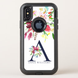 Custom floral monogram OtterBox defender iPhone x case