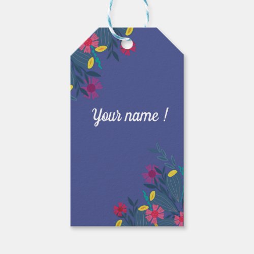 Custom floral name blue modern flowers gift tags