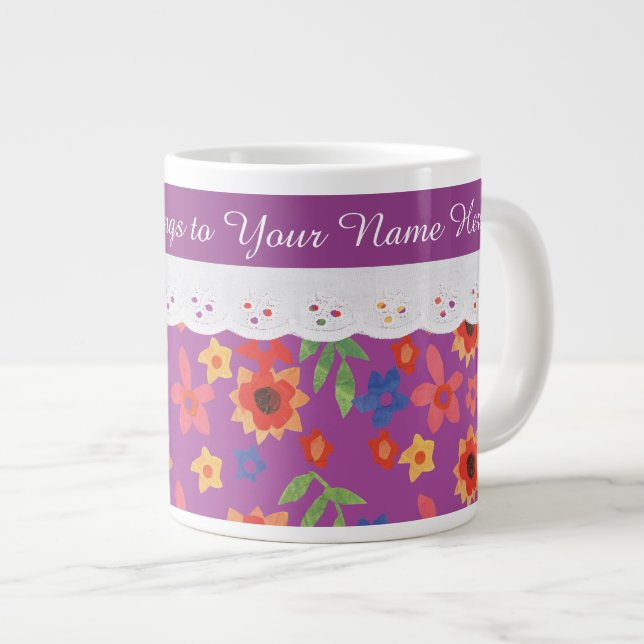 Custom Floral on Magenta, Faux Lace Coffee Mug (Front Right)
