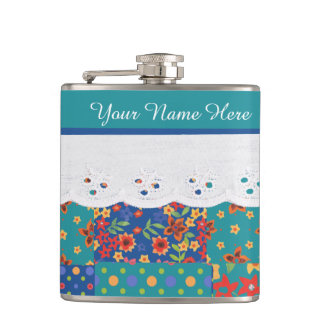 Custom Floral on Teal, Faux Lace Hip Flask