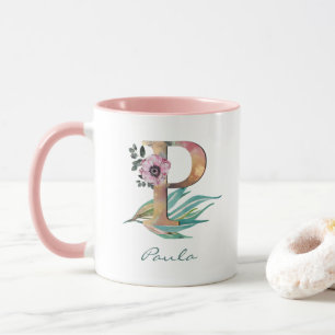 Custom Floral P Letter Watercolor Foliage Monogram Mug