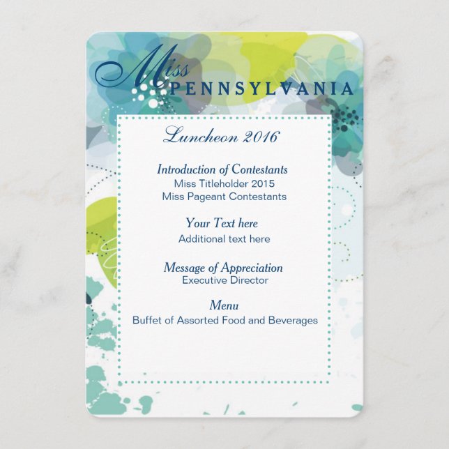 Custom Floral Pageant Luncheon Program Card (Front)