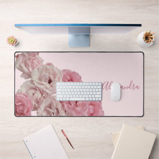 Custom Floral Pastel Pink Botanical Roses Romantic Desk Mat