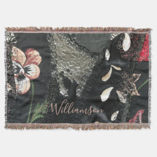 Custom Floral Patchwork Embroidery Look Gray Beige Throw Blanket