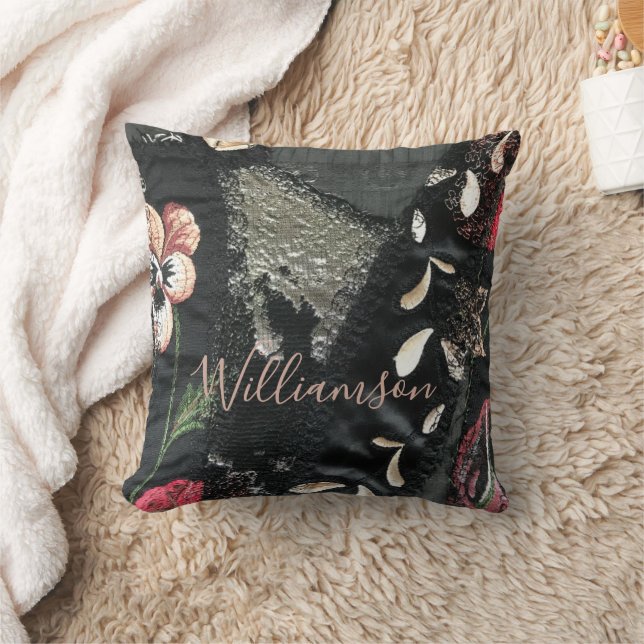 Custom Floral Patchwork Embroidery Look Gray Beige Throw Pillow (Blanket)