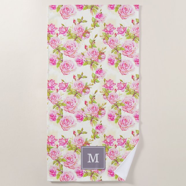 Custom Floral Pattern Old Rose Monogram Beach T Towel (Front)