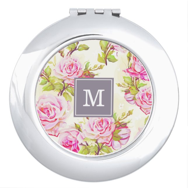 Custom Floral Pattern Old Rose Monogram Compact M Compact Mirror (Front)