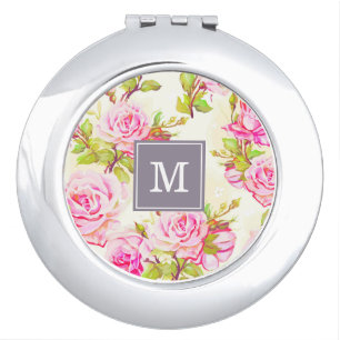 Custom Floral Pattern Old Rose Monogram Compact M Mirror