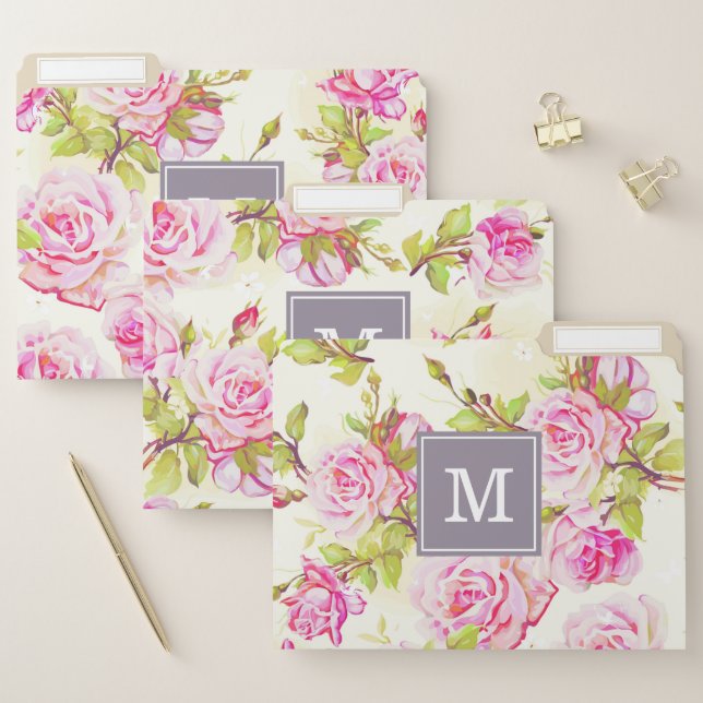 Custom Floral Pattern Old Rose Monogram File F Folder (Set)