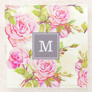 Custom Floral Pattern Old Rose Monogram Glass C Glass Coaster