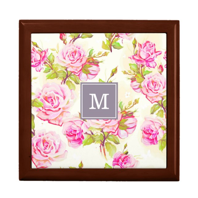 Custom Floral Pattern Old Rose Monogram Jewelry B Box (Front)