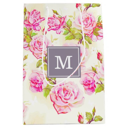 Custom Floral Pattern Old Rose Monogram M Gift Bag