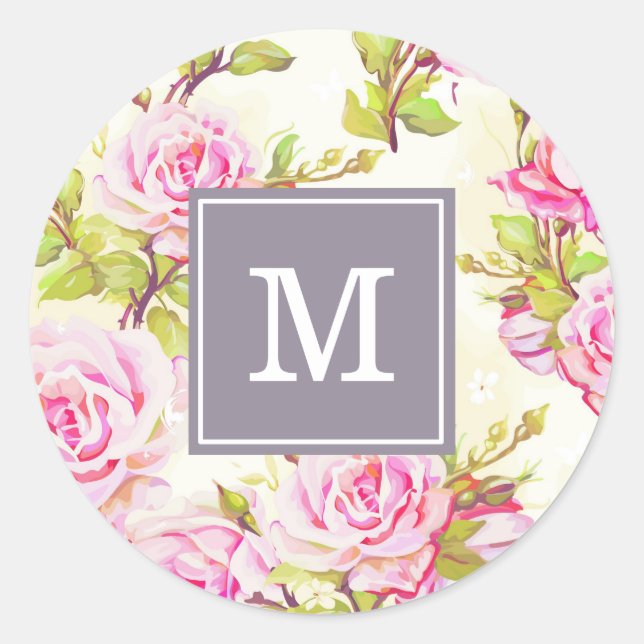 Custom Floral Pattern Old Rose Monogram R Sticker (Front)