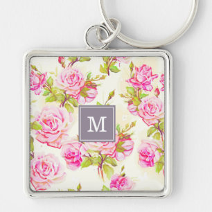 Custom Floral Pattern Old Rose Monogram S Keychain