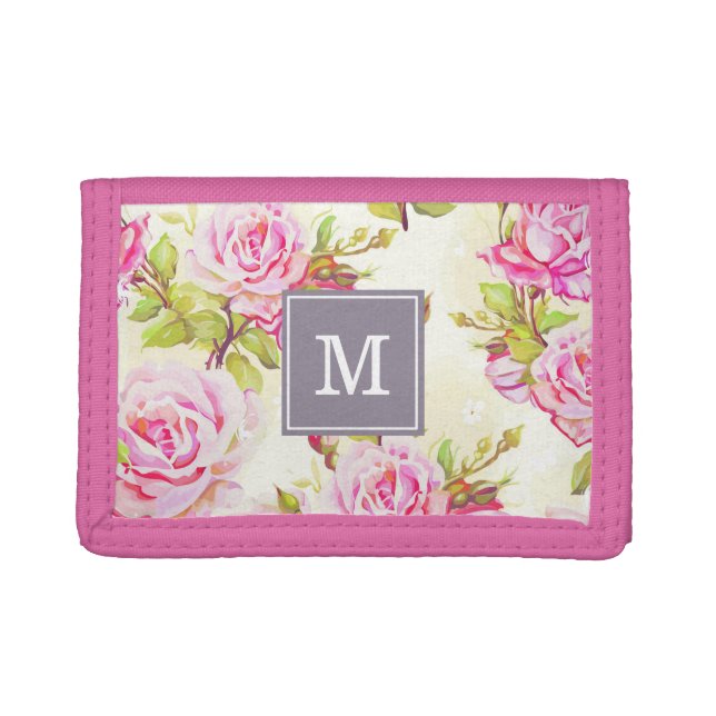 Custom Floral Pattern Old Rose Monogram W Tri-fold Wallet (Front)