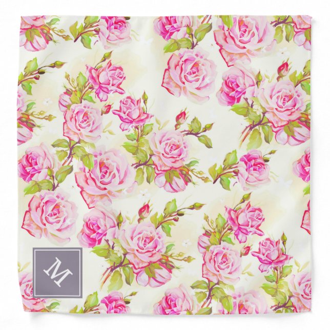 Custom Floral Pattern Old Roses Monogram Bandana (Front)